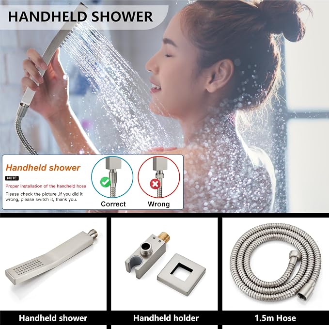 Midanya Shower System with Tub Spout,Bathtub Shower Faucet Set with Square Rainfall Head and Handheld Sprayer Wall Mount Tub Faucet Set with Valve and Trim Kit,8 Inch Brushed Nickel - Image 7