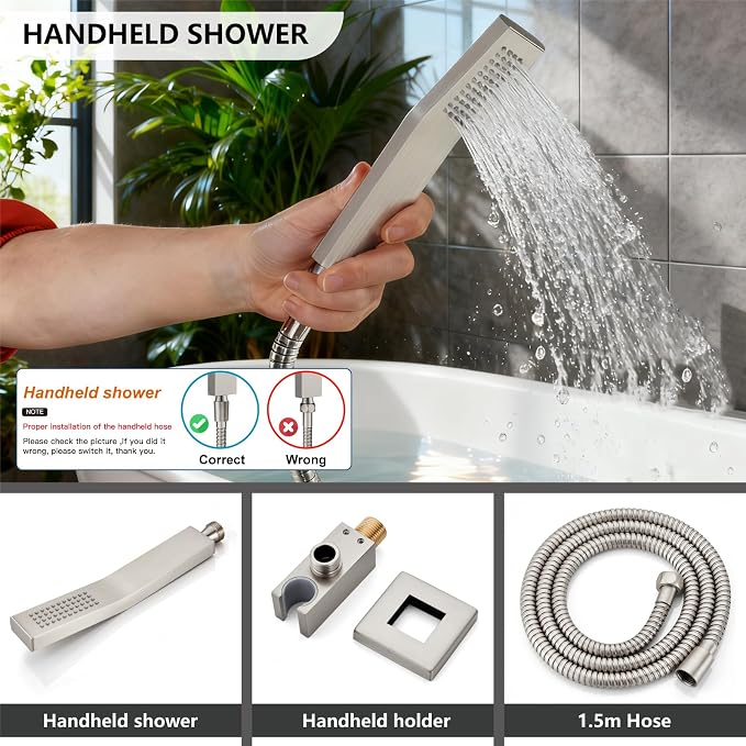 Midanya Rain Shower System Tub Shower Faucet Set Square Rainfall Waterfall Shower Head with Handheld Sprayer Tub Spout Combo Wall Mounted bathtub faucet set Rough-in Valve, 8 Inch Brushed Nickel - Image 7