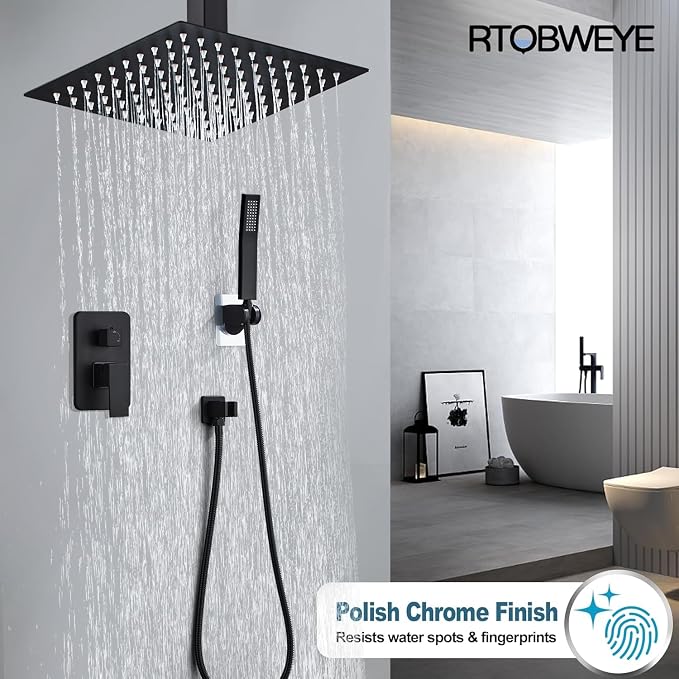 10 Inch Shower Faucet Set Ceiling Mount, High Pressure Rainfall Shower System, Square Rain Shower Spray Combo Luxury Shower Fixtures Matte Black - Image 2
