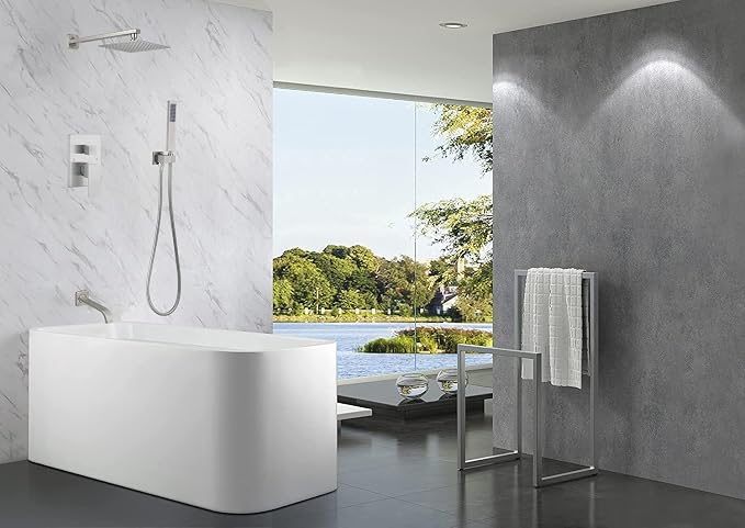 Brushed Nickel Shower System with Tub Spout Wall Mounted Tub Shower Faucet Set for Bathroom with High Pressure 10" Rain Shower head and Handheld Shower Head Kit - Image 2