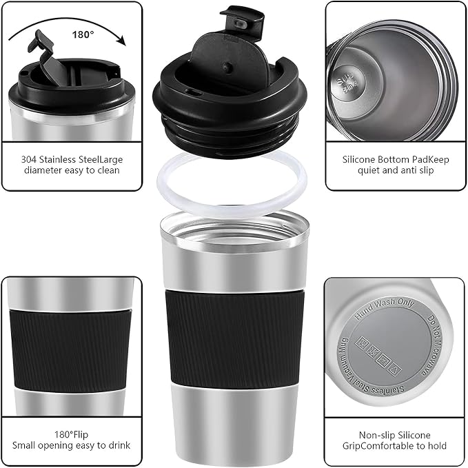 YINBAOGE Insulated Travel Coffee Mug, Spill & Leak Proof, Portable To Go Camping Stainless Steel Coffee Tumbler, Reusable Thermal Coffee Cup with Lid for Hot & Cold Drinks(Silver black, 12 OZ) - Image 2