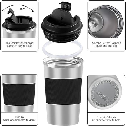YINBAOGE Insulated Travel Coffee Mug, Spill & Leak Proof, Portable To Go Camping Stainless Steel Coffee Tumbler, Reusable Thermal Coffee Cup with Lid for Hot & Cold Drinks(Silver black, 12 OZ) - Image 2