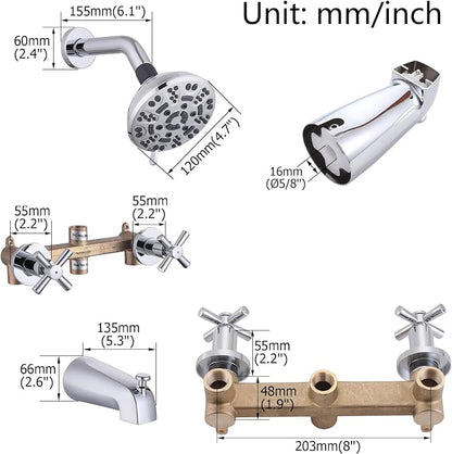 2 Handles Shower Faucet Set with Tub Spout Bathtub Shower Faucet Combo Set Shower System Complete Tub and Shower Trim Kit Wall Mounted Shower Fixtures Chrome - Image 2