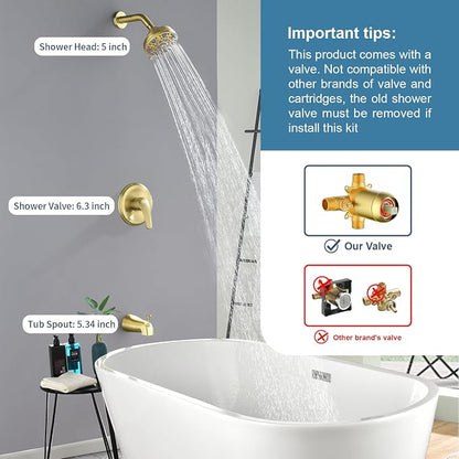 Tub Shower Faucet Combo Set Bathtub Faucet Set Shower System with Tub Spout Shower Tub Kit Shower Valve and Trim Kit Shower Fixtures Brushed Gold - Image 2