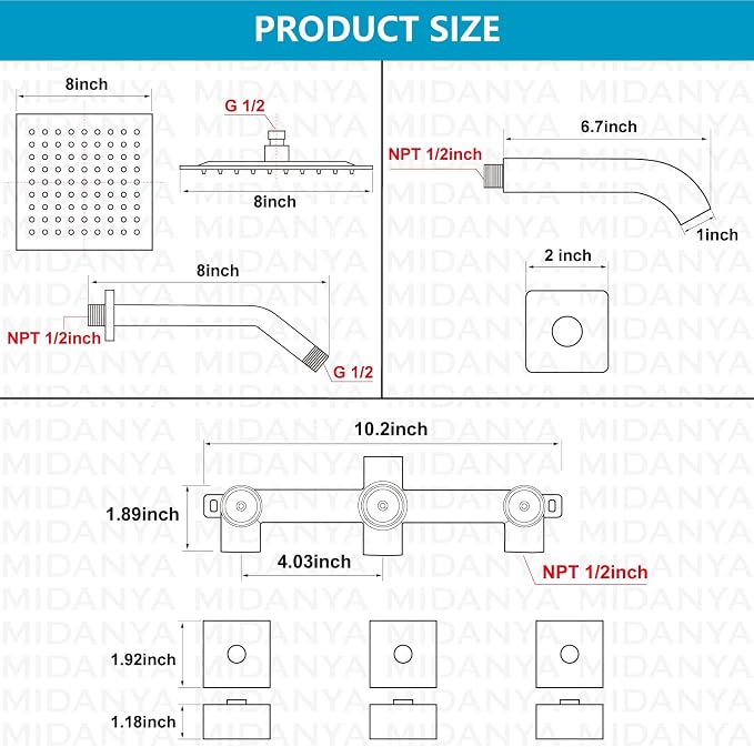 Midanya 3 Handle Tub Shower Faucet with Tub Spout,8-inch Rainfall Bathtub Rain Shower Faucet Set and Rough-in Valve Wall Mount Bathroom Trim Kit Shower System, Square Shower Head Brushed Nickel - Image 6