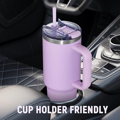 40 oz Tumbler with Handle and Straw Lid,Insulated Reusable Stainless Steel Water Bottle Travel Mug，Cupholder Friendly Double Wall Vacuum Sealed Cup (Lavender Purple) - Image 5
