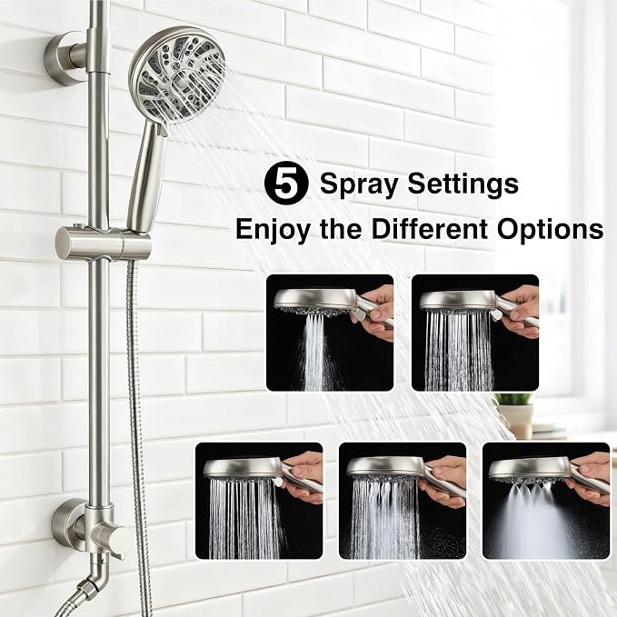 Midanya Retrofit Rain Shower System Wall Mount 8 Inch Rainfall Shower Head with 5-setting Handheld Spray Combo with Slide Bar,Brushed Nickel - Image 6