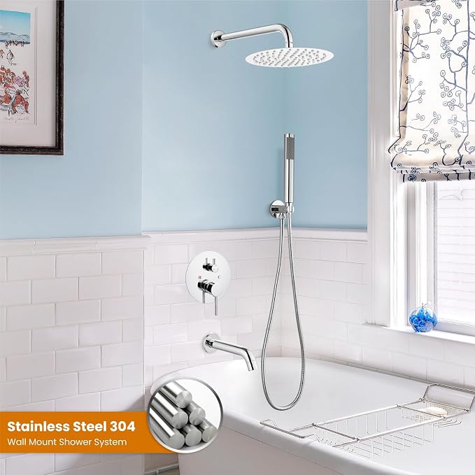 gotonovo Shower System with Tub Spout Wall Mount 3 Function Rough-in Valve Bathtub Shower Faucets Set Complete Rain 10 Inch Round Showerhead Trim Kit Combo, Cylindrical Handheld, Polish Chrome - Image 2