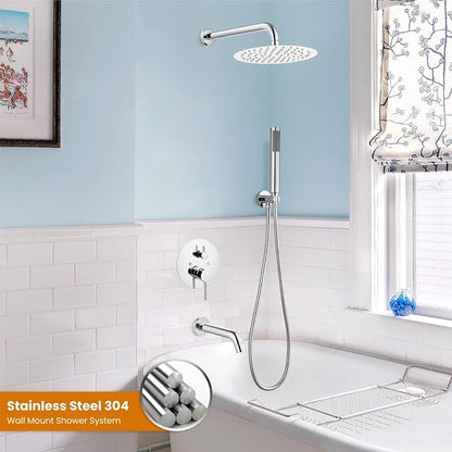gotonovo Shower System with Tub Spout Wall Mount 3 Function Rough-in Valve Bathtub Shower Faucets Set Complete Rain 10 Inch Round Showerhead Trim Kit Combo, Cylindrical Handheld, Polish Chrome - Image 2