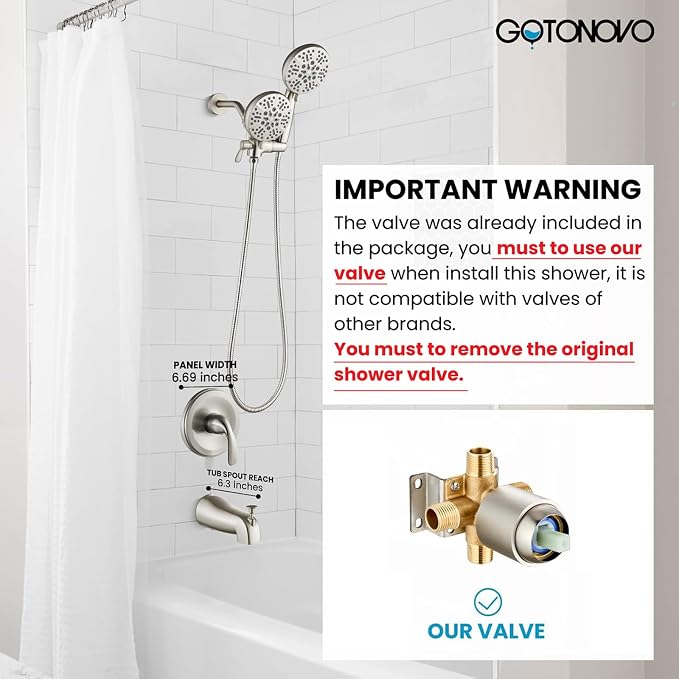 gotonovo Tub Shower Faucet Set,2 in 1 Dual Shower Head and Handle Set with Tub Spout Wall Mount Bathroom Shower Trim Kit with 3-way Water Diverter Valve Included Various Modes Brushed Nickel - Image 2