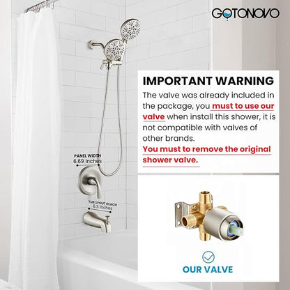 gotonovo Tub Shower Faucet Set,2 in 1 Dual Shower Head and Handle Set with Tub Spout Wall Mount Bathroom Shower Trim Kit with 3-way Water Diverter Valve Included Various Modes Brushed Nickel - Image 2