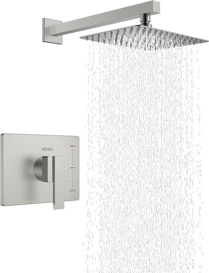 KENES Brushed Nickel 10-Inch Shower Head and Handle Set, Square Shower Faucet Set Bathroom Rainfall Shower System Wall Mount, KE-6024B (Shower Valve Included) by KENESBathroomKitchen