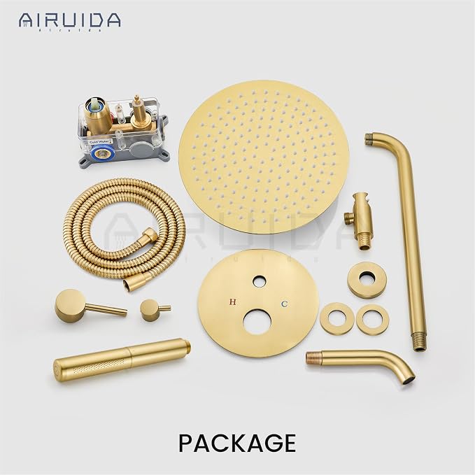 Airuida 3-Function Rain Shower System Set – Wall Mount Tub Shower Combo with Handheld Shower and Tub Spout,12 Inch Shower Head,Brushed Gold - Image 9