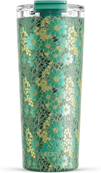 Meoky 24 oz Travel Coffee Mug with Leak-proof Lid, Stainless Steel Insulated Coffee Tumbler, Keeps Hot for 8 Hours or Cold for 24 Hours, Fits in Car Cup Holder (Emerald Bloom) by MEOKY
