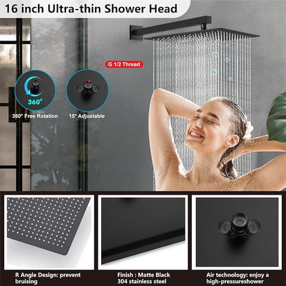 Midanya Shower Faucet Set,Wall Mount Shower System with Square Rain Shower Head and Hand Sprayer, Rough-in Valve Body and Trim Kit Included,16 Inch,Matte Black - Image 3