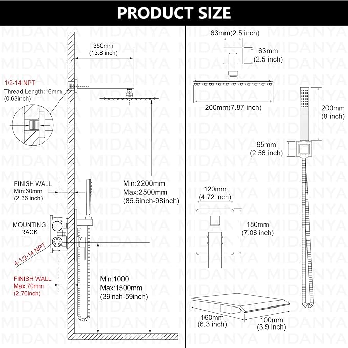 Midanya Rain Shower System with Tub Spout,Tub Shower Faucet Set with rainfall Shower Head and Handheld Spray,Wall Mount Tub Shower Combo Rough-in Valve Included,8 Inch Matte Black - Image 6