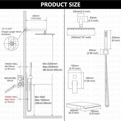 Midanya Rain Shower System with Tub Spout,Tub Shower Faucet Set with rainfall Shower Head and Handheld Spray,Wall Mount Tub Shower Combo Rough-in Valve Included,8 Inch Matte Black - Image 6