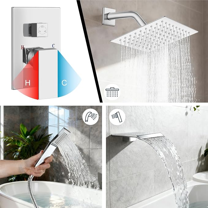 Midanya Shower System with Tub Spout,Bathtub Shower Faucet Set with Square Rainfall Head and Handheld Sprayer Wall Mount Tub Faucet Set with Valve and Trim Kit,8 Inch Polish Chrome - Image 4