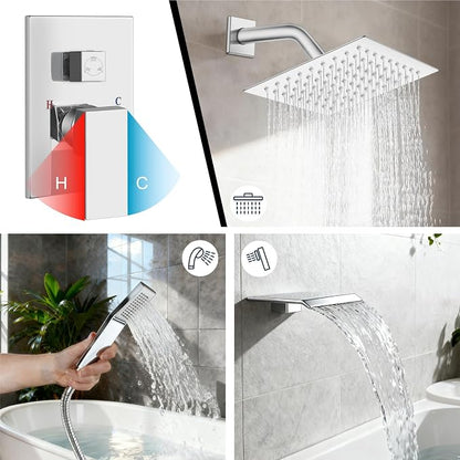 Midanya Shower System with Tub Spout,Bathtub Shower Faucet Set with Square Rainfall Head and Handheld Sprayer Wall Mount Tub Faucet Set with Valve and Trim Kit,8 Inch Polish Chrome - Image 4