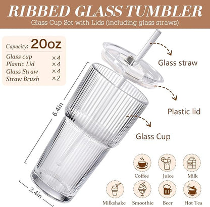 Iced Coffee Cups with Lids: Coffee Bar Accessories - Ribbed Glass Tumbler with Straw and Lid 4Pcs - 20oz Leak Proof Tumbler - Reusable Glass Cups and Tumblers with Lid and Straws for To Go Iced Coffee - Image 2