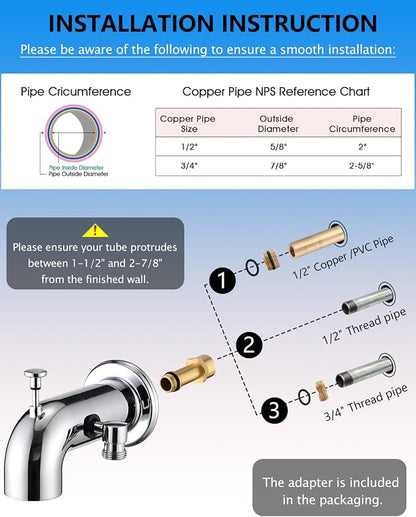 Bathtub Faucet with Sprayer, Tub Spout with Diverter Fits Threaded 1/2" or 3/4" IPS,Chrome Plated - Image 4