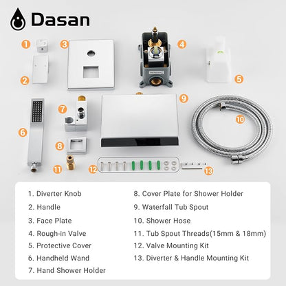 Upgraded Wall Mount Tub Filler Faucet with Handheld Shower, DASAN Modern Wall Mounted Bathtub Faucet Chrome High Flow Waterfall Tub Faucet with Rough in Valve, SA-TF04WH-PC - Image 8