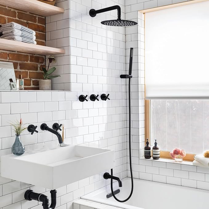 RBROHANT Matte Black Shower System with Tub Spout, Brass Bathtub Shower Faucet Set with 3 Way Rough-in Valve,10 Inch Round Shower Head Set with Tub Spout and Handheld, JK0300 - Image 2