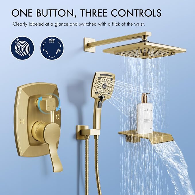 ELLO&ALLO Bathroom Shower Faucet Set Mixing Valve and Trim Kit, Complete Shower System with Tub Spout, Brushed Gold - Image 4