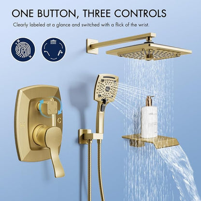 ELLO&ALLO Bathroom Shower Faucet Set Mixing Valve and Trim Kit, Complete Shower System with Tub Spout, Brushed Gold - Image 4