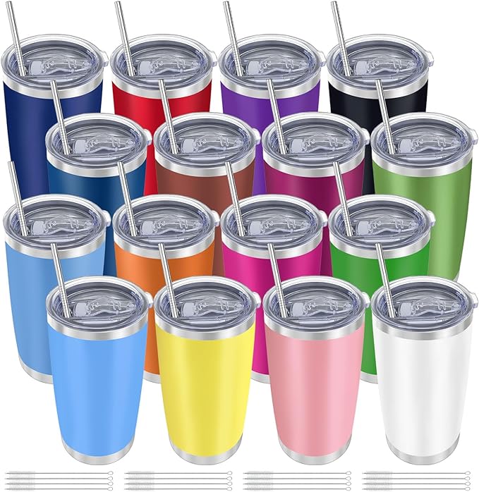 YOUKE OLA 16 Pack Insulated Coffee Tumbler - 20oz Stainless Steel Double Wall Vacuum Travel Tumbler Cup with Lid and Straw for Cold & Hot Drinks (Mixed Colors) by YOUKEOLA