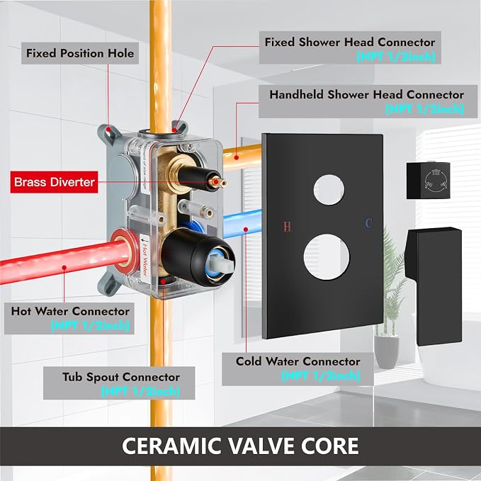 Midanya Shower System with Tub Spout,Bathtub Shower Faucet Set with Square Rainfall Head and Handheld Sprayer Wall Mount Tub Faucet Set with Valve and Trim Kit,12 Inch Matte Black - Image 6