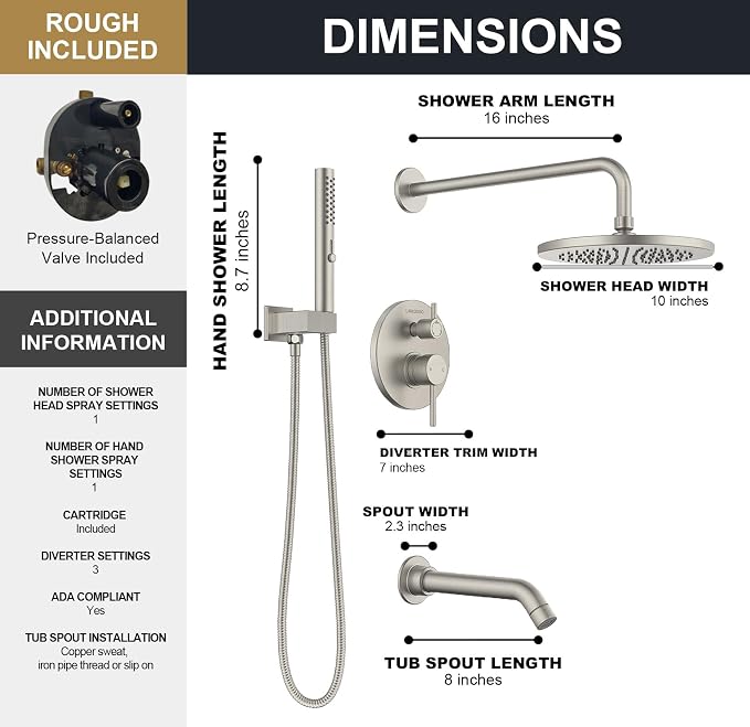 Lava Odoro Modern 3-Setting Round Rain Bathtub and Shower Faucet Set, Brushed Nickel Rainfall Shower Head and Handle Set, Rain Shower System with Tub Spout, Shower Valve Trim Kit, SF104-BN-T - Image 7