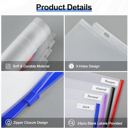 KTRIO 24 Pack Binder Pockets, 8.5 x 11 Colored Zipper Pouches - Image 3