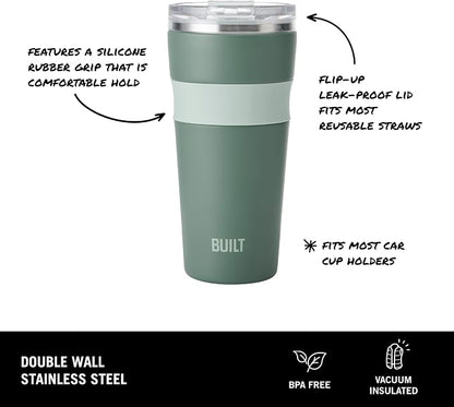 BUILT 24 oz Stainless Steel Vacuum Insulated Tumbler - Sage Green Double Wall Travel Cup, Keeps Drinks Cold 24 Hours or Hot 8 Hours, Leak Proof Lid with Flip Straw, Silicone Grip - Image 3