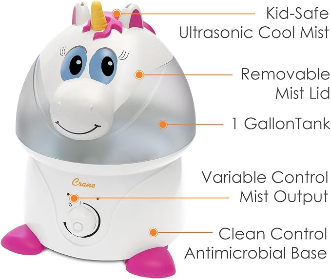 Crane Unicorn Ultrasonic Cool Mist Humidifier with Auto Shut-Off, For Baby Nursery and Kids Room, 1 Gallon Tank, Animal Humidifier For Kids Room - Image 2
