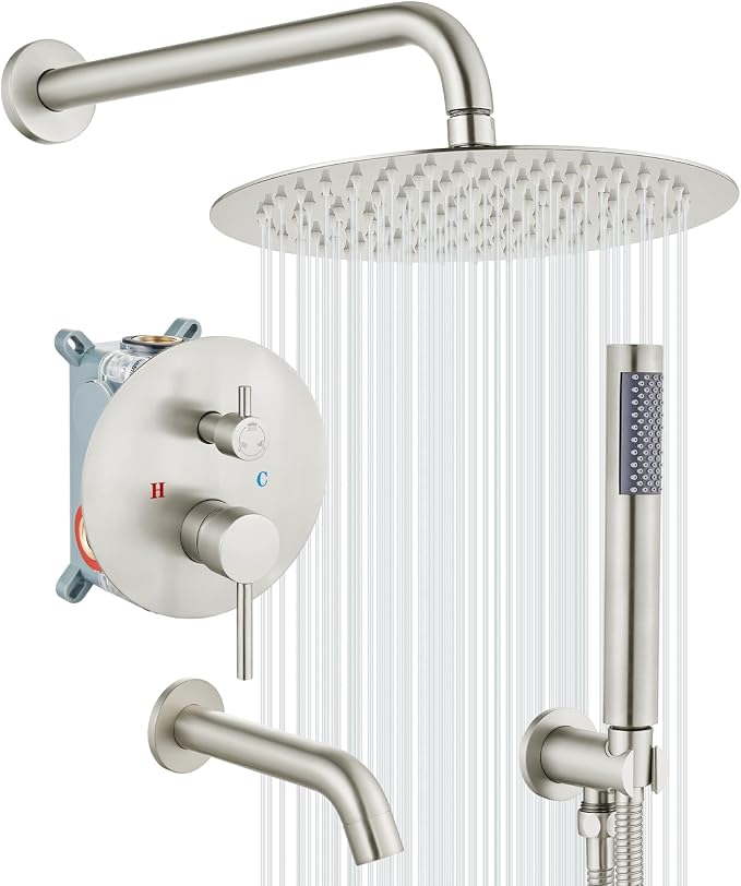 gotonovo Shower System with Tub Spout Wall Mount 3 Function Rough-in Valve Bathtub Shower Faucets Set Complete Rain 10 Inch Round Showerhead Trim Kit Combo, Cylindrical Handheld, Brushed Nickel by HOME