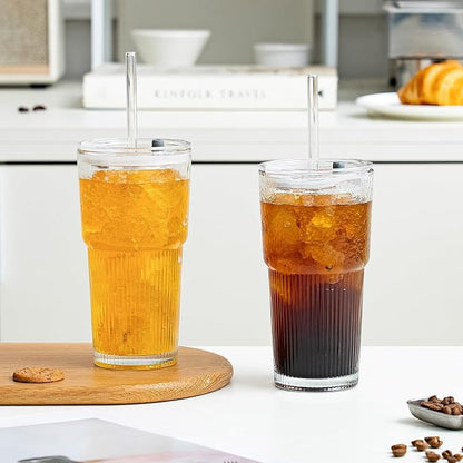 20oz Glass Tumblers with Lids and Straws, Set of 4 - Stylish Ribbed Design Drinking Glasses for Iced Coffee Cups, Juice, Smoothies, Cold Beverages, Includes Cleaning Brush, Durable Glassware - Image 6