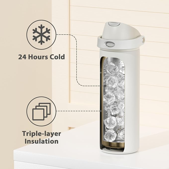 24 oz Insulated Water Bottle with Straw: Meoky Stainless Steel Metal Water Bottle with 2-in-1 Lid - Leak Proof, Cold for 24 Hours, Protective Silicone Base, BPA-Free for Sports Travel Car, Ivory - Image 5