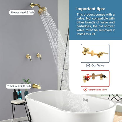 2 Handles Shower Faucet Set with Tub Spout Bathtub Shower Faucet Combo Set Shower System Complete Tub and Shower Trim Kit Wall Mounted Shower Fixtures Brushed Gold - Image 2