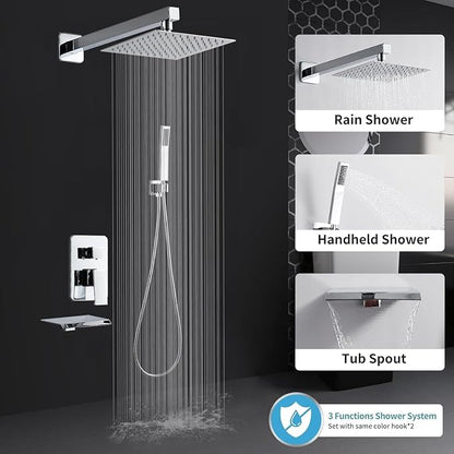 Chrome Shower Faucet Set with Tub Spout 8 Inch, Shower Head and Handle Set with 2 Hooks, Tub and Shower Faucet Combo, Rain Shower and Handheld Shower System Square Wall Mount for Bathroom - Image 5