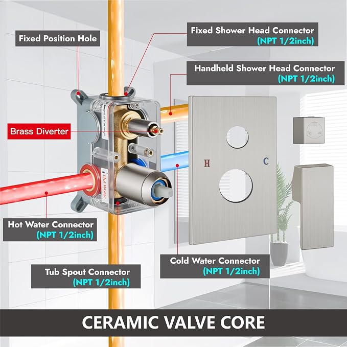 Midanya Rain Shower System Tub Shower Faucet Set Square Rainfall Waterfall Shower Head with Handheld Sprayer Tub Spout Combo Wall Mounted bathtub faucet set Rough-in Valve, 12 Inch Brushed Nickel - Image 6