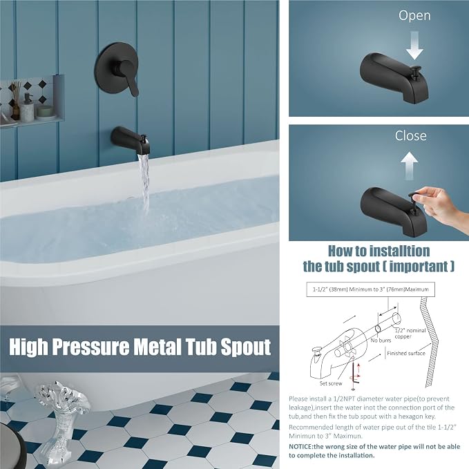 Aolemi Tub Shower Faucet Set With Valve Wall Mount Shower Trim Kit 6 Inch Bathtub Fixtures Rough-in Valve Single-Spray Shower Head System 5.3 Inch Tub Spout Matte Black Modern - Image 7