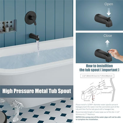 Aolemi Tub Shower Faucet Set With Valve Wall Mount Shower Trim Kit 6 Inch Bathtub Fixtures Rough-in Valve Single-Spray Shower Head System 5.3 Inch Tub Spout Matte Black Modern - Image 7