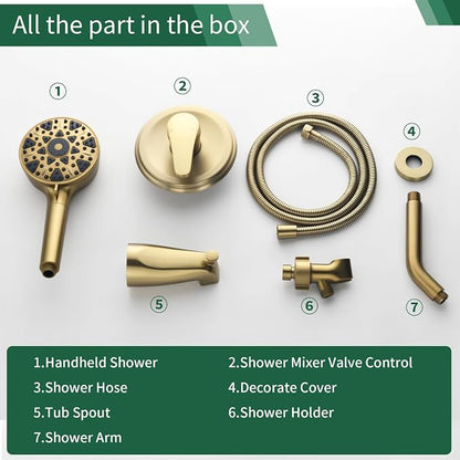 Brushed Gold Shower Faucet Set with Tub Spout Tub and Shower Faucet Set Complete with Handheld Shower Head Shower Combo Set Shower System with Tub Spout Tub and Shower Trim Kit - Image 6