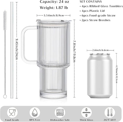 INSETLAN 24oz Ribbed Glass Tumbler with Handle & Lid – 4-Pack Large Iced Coffee Cups with Straws, Modern Glass Mug for Cold & Hot Beverages, Aesthetic Travel Cup for Smoothies, Tea, and Juice - Image 2