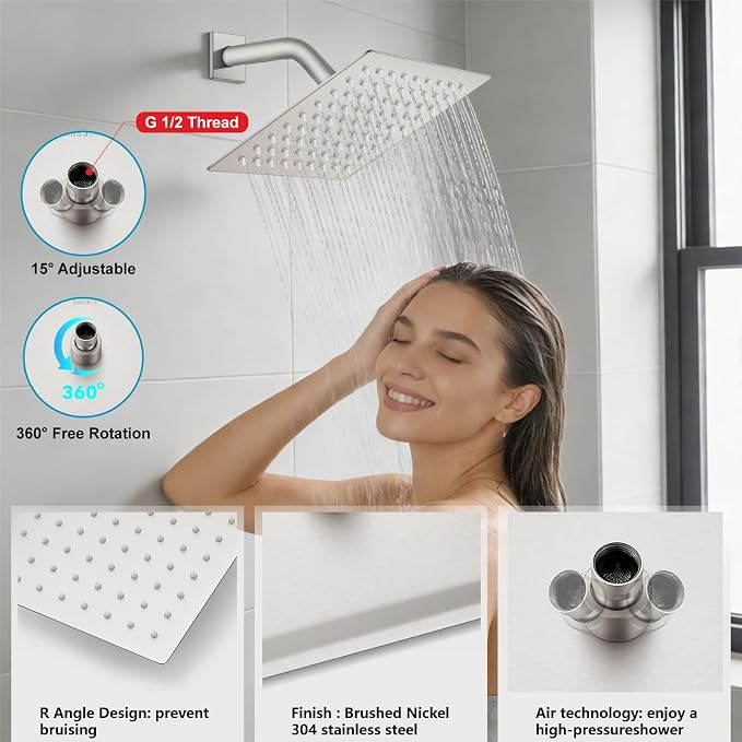 Midanya Rain Shower System Tub Shower Faucet Set Square Rainfall Waterfall Shower Head with Handheld Sprayer Tub Spout Combo Wall Mounted bathtub faucet set Rough-in Valve, 8 Inch Brushed Nickel - Image 8