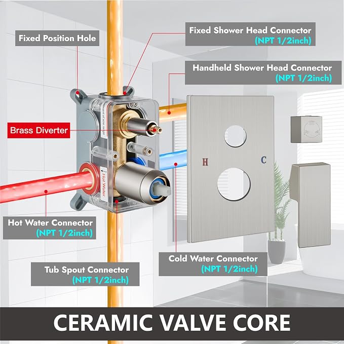 Midanya Shower System with Tub Spout,Bathtub Shower Faucet Set with Square Rainfall Head and Handheld Sprayer Wall Mount Tub Faucet Set with Valve and Trim Kit,8 Inch Brushed Nickel - Image 6