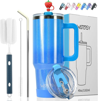 30 oz Shiny Tumbler with Handle and Straw,Stainless Steel Tumbler with Lid and Straw,Insulated Travel Mug(Cold for 34 Hours),Water Bottle for Iced Tea,Coffee (Blue) by Watersy