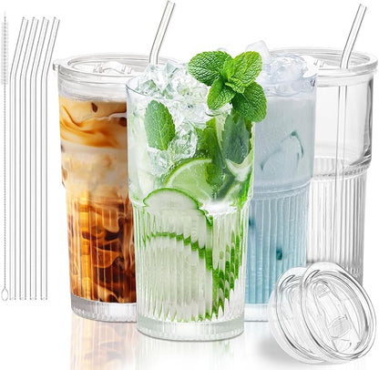 Luiaiog 18.5oz Glass Cups with Lids and Straws - Set of 4 Reusable Tumblers, Thickened Shatter-Resistant Glass, Ideal for Iced Coffee, Smoothies, Cocktails, Juices - Elegant & Durable Drinkware by Luiaiog