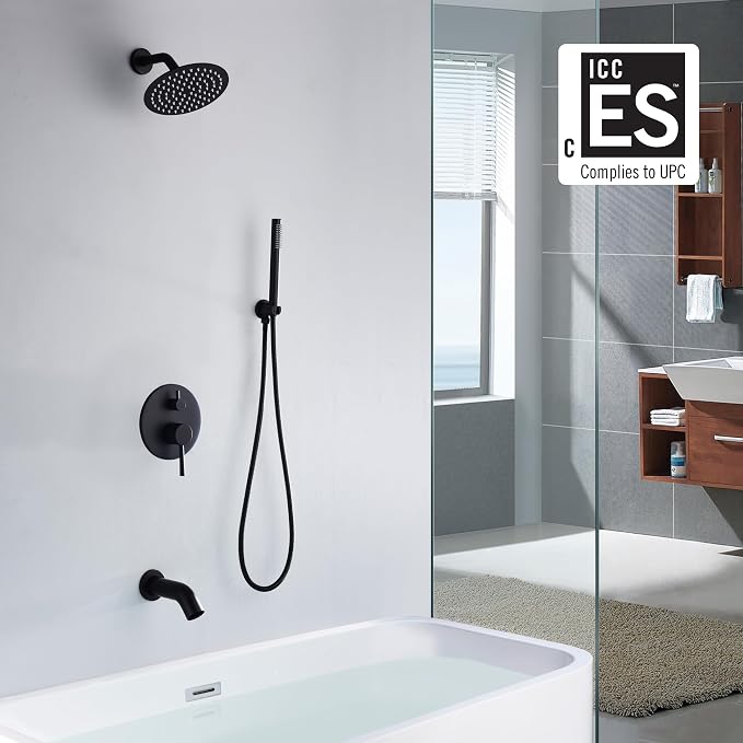 Matte Black Rain Shower Systems with Waterfall Tub Spout, Shower Faucets Sets Complete with 8 Inches Rain Shower Head and Handheld - Image 2